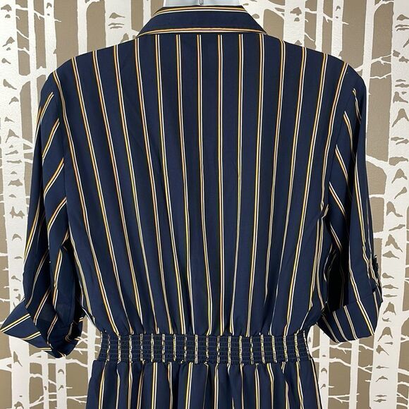 Millenium Navy Blue Mustard Yellow Striped Button Front Shirt Dress sz L - Picture 3 of 7